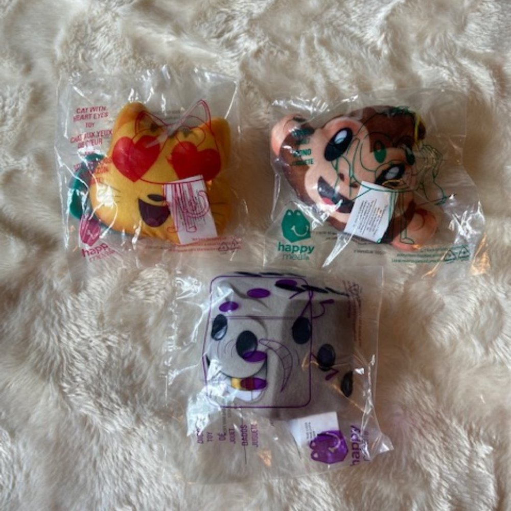 McDonald's Emoji plush Cat Monkey and Dice Happy Meal Toys NIP
